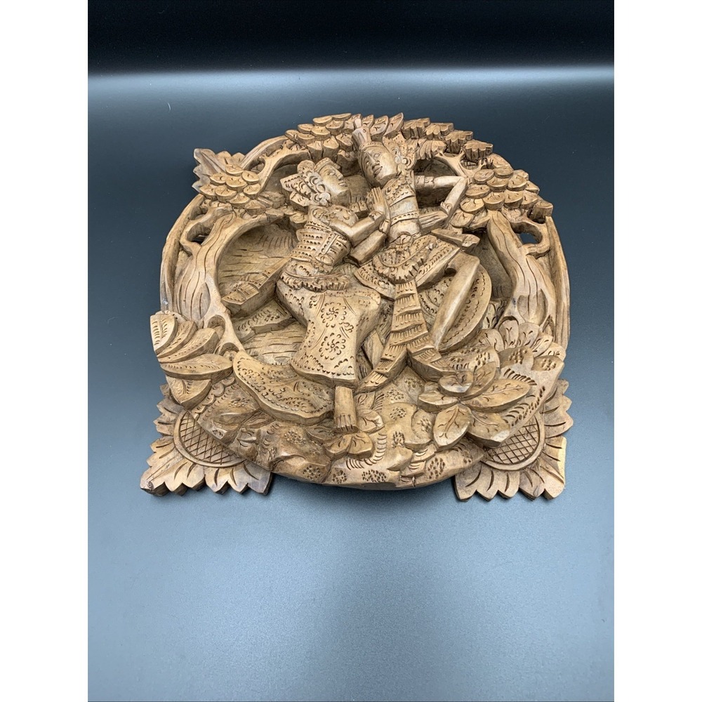 Antique Hand Carved Balinese Rama & Sita Wall Art Wooden Carving 9 5/8" X 9.25"